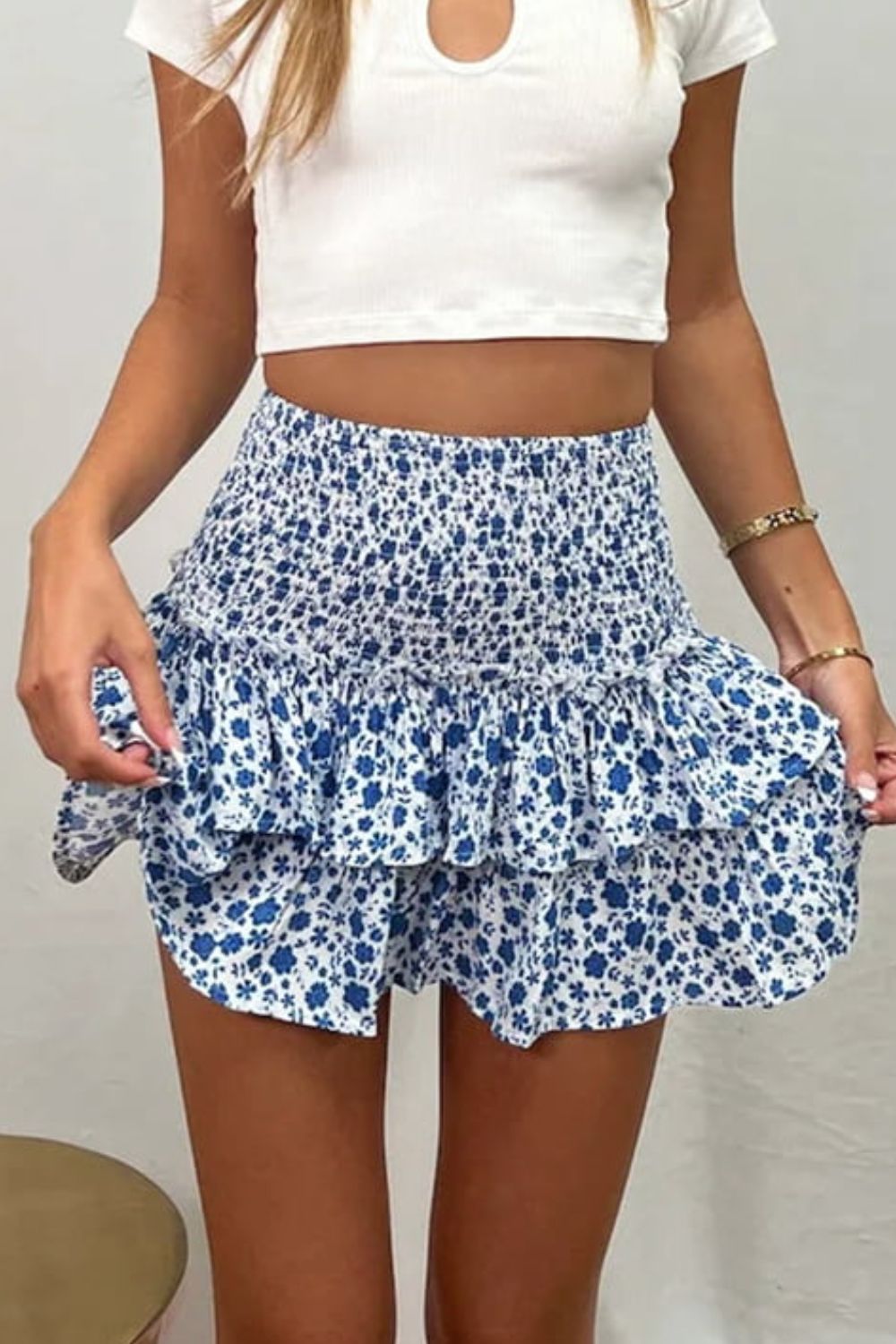 Printed Frill Trim Smocked Mini Skirt - AllIn Computer