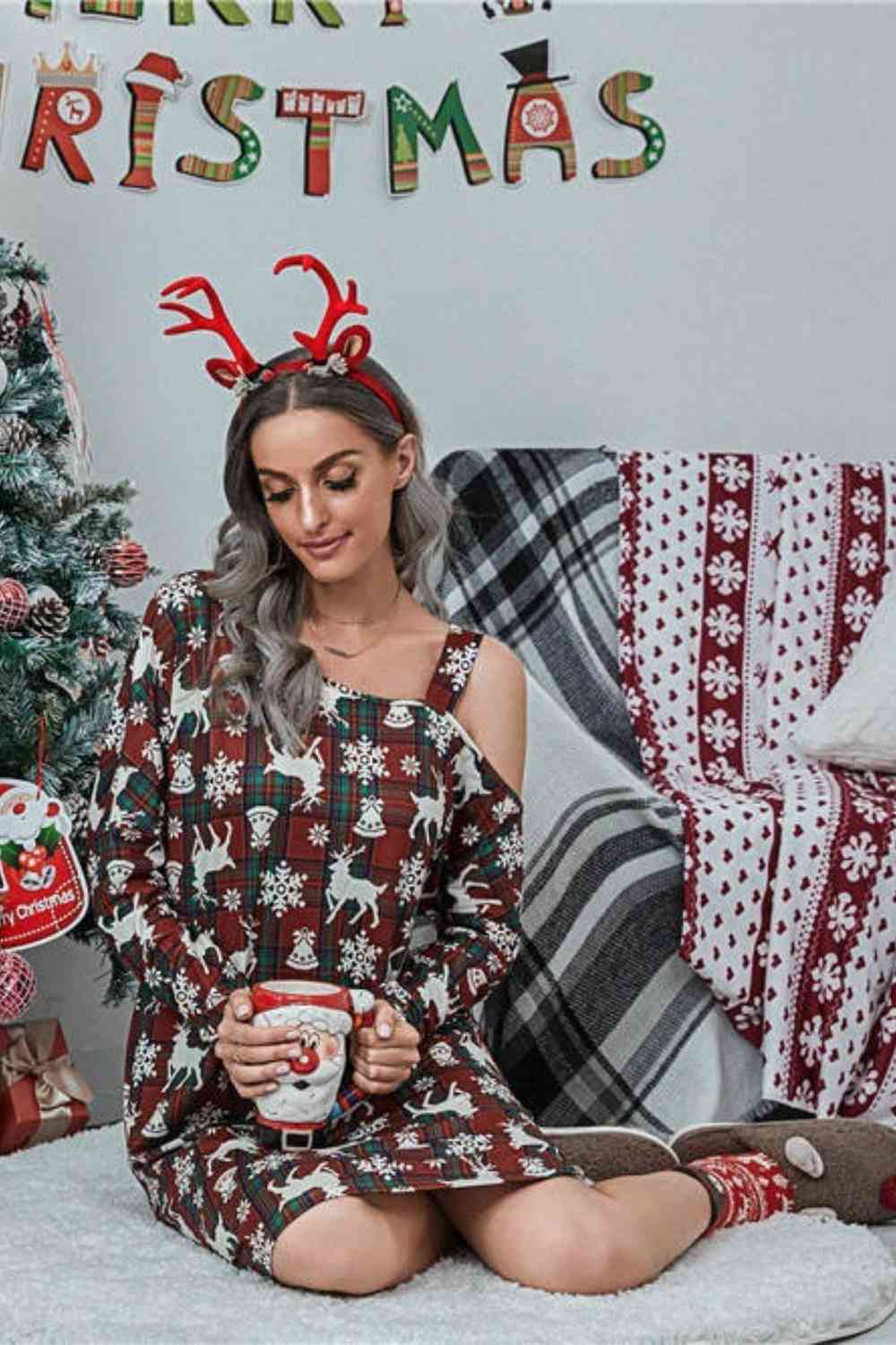 Christmas Asymmetrical Neck Long Sleeve Dress - AllIn Computer