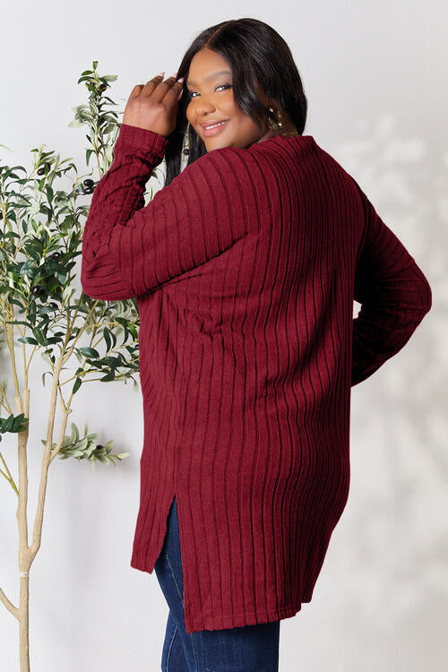 Basic Bae Full Size Ribbed Round Neck Long Sleeve Slit Top - AllIn Computer