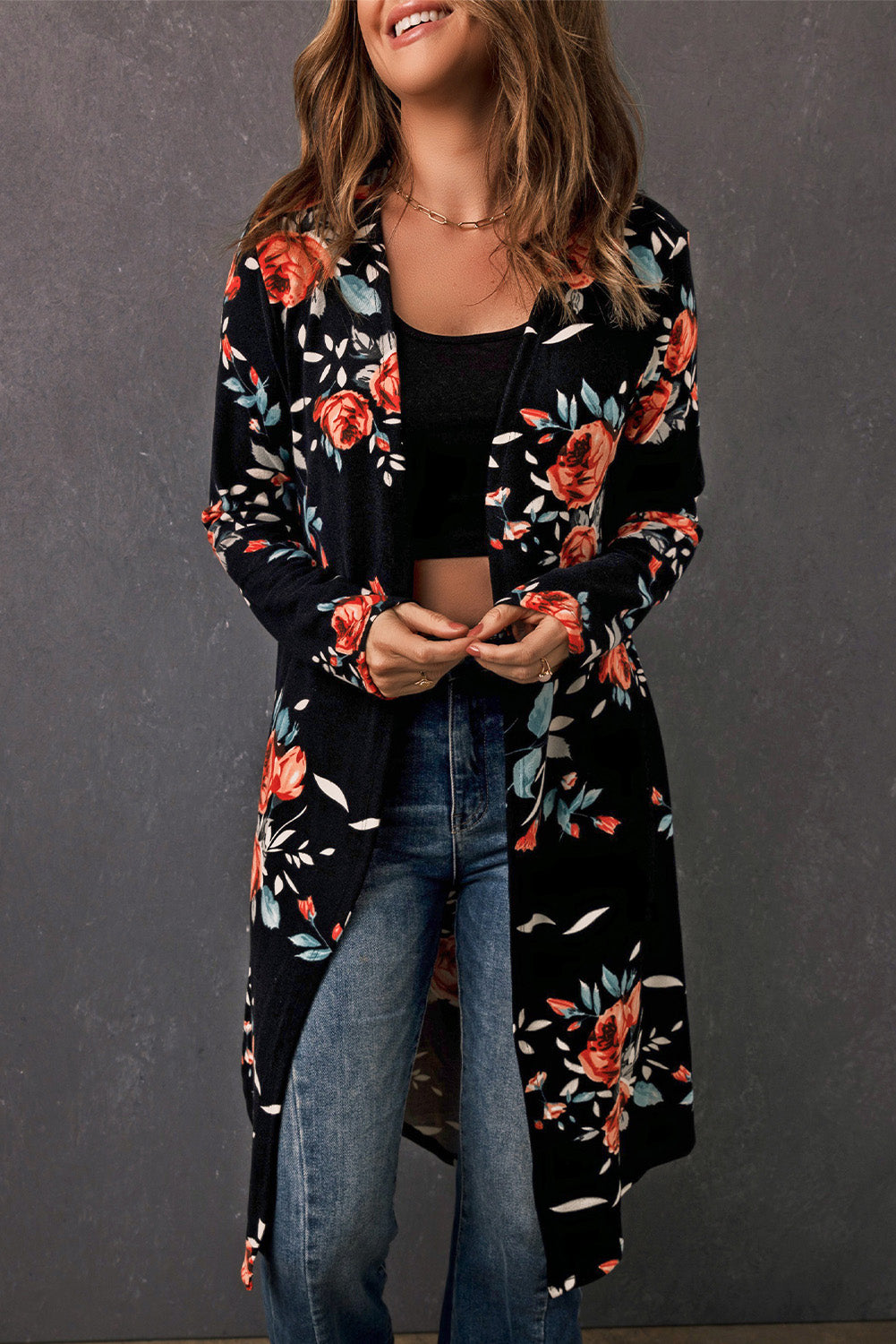 Double Take Printed Open Front Longline Cardigan - AllIn Computer