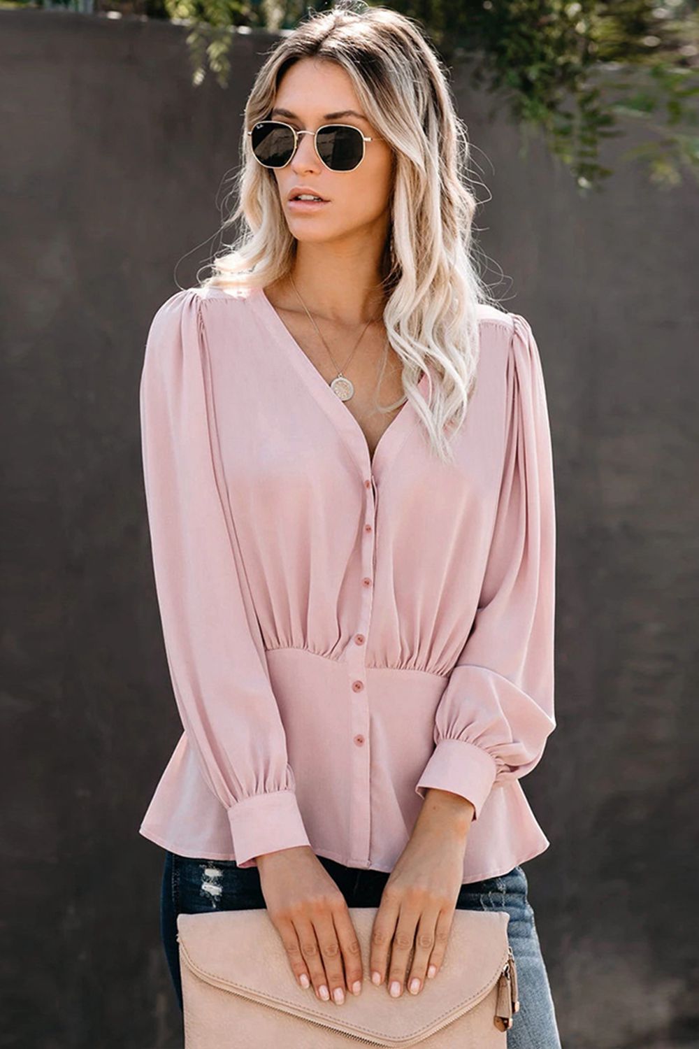 Buttoned Puff Sleeve Blouse - AllIn Computer