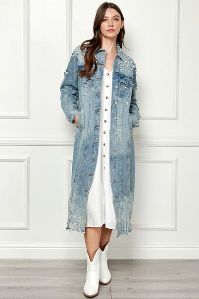 Veveret Full Size Distressed Raw Hem Pearl Detail Button-Up Jacket - AllIn Computer