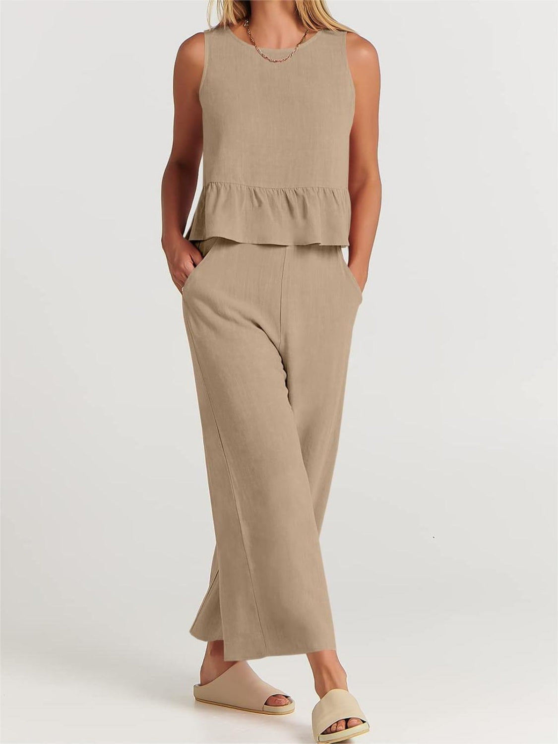 Full Size Round Neck Top and Wide Leg Pants Set - AllIn Computer