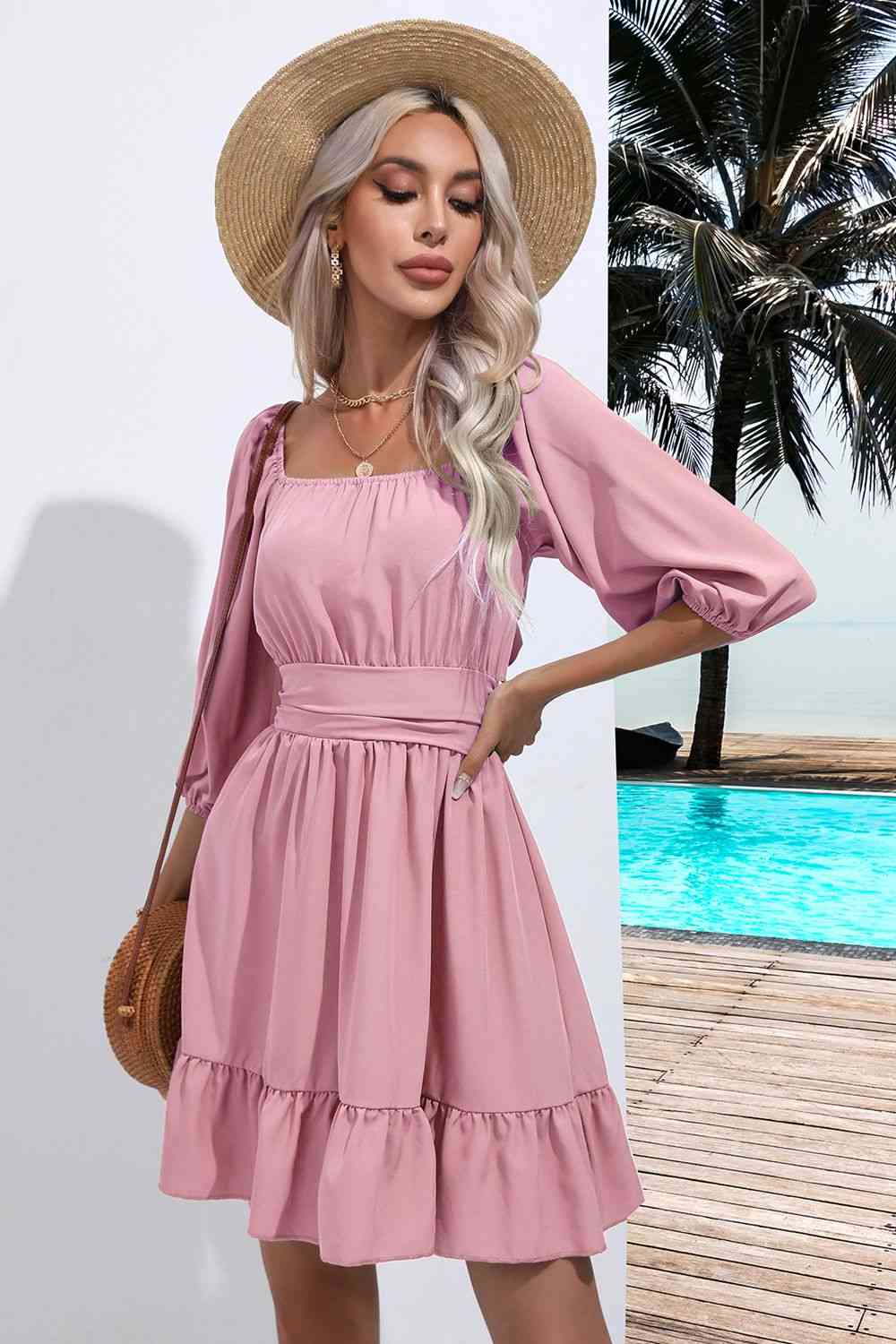 Square Neck Tie Back Ruffle Hem Dress - AllIn Computer