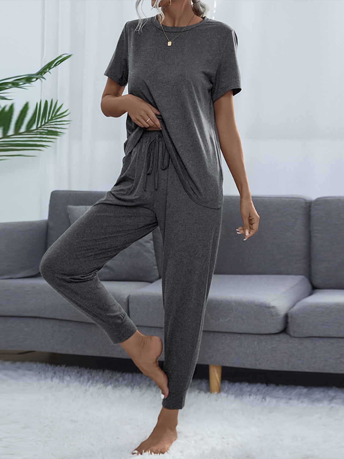 Round Neck Short Sleeve Top and Pants Set - AllIn Computer