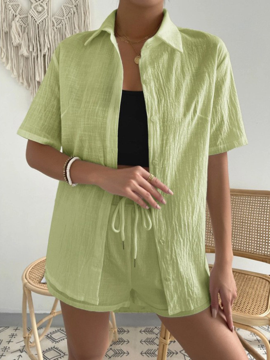 Button Up Short Sleeve Shirt and Drawstring Shorts Set - AllIn Computer