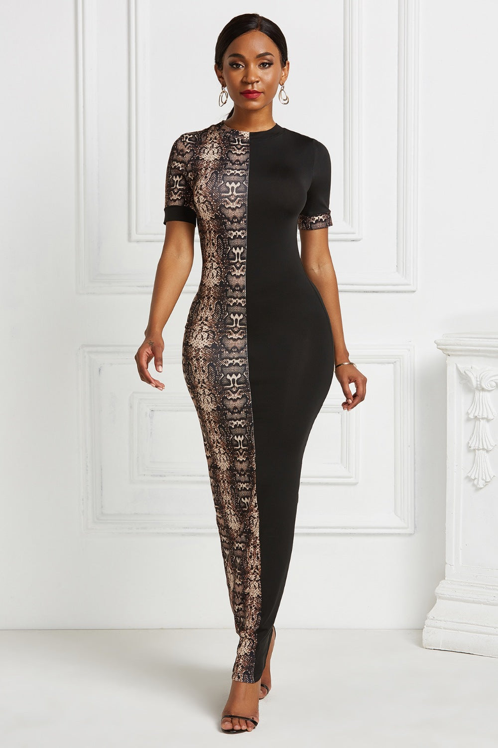 Two-Tone Round Neck Short Sleeve Maxi Dress - AllIn Computer