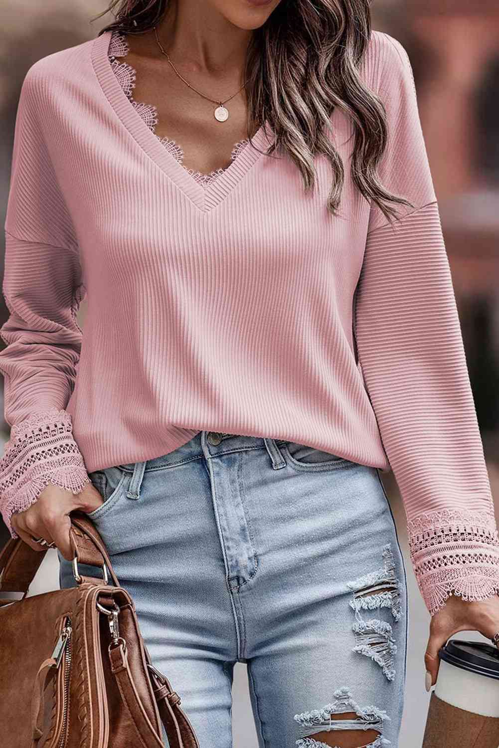 Spliced Lace V-Neck Ribbed Top - AllIn Computer