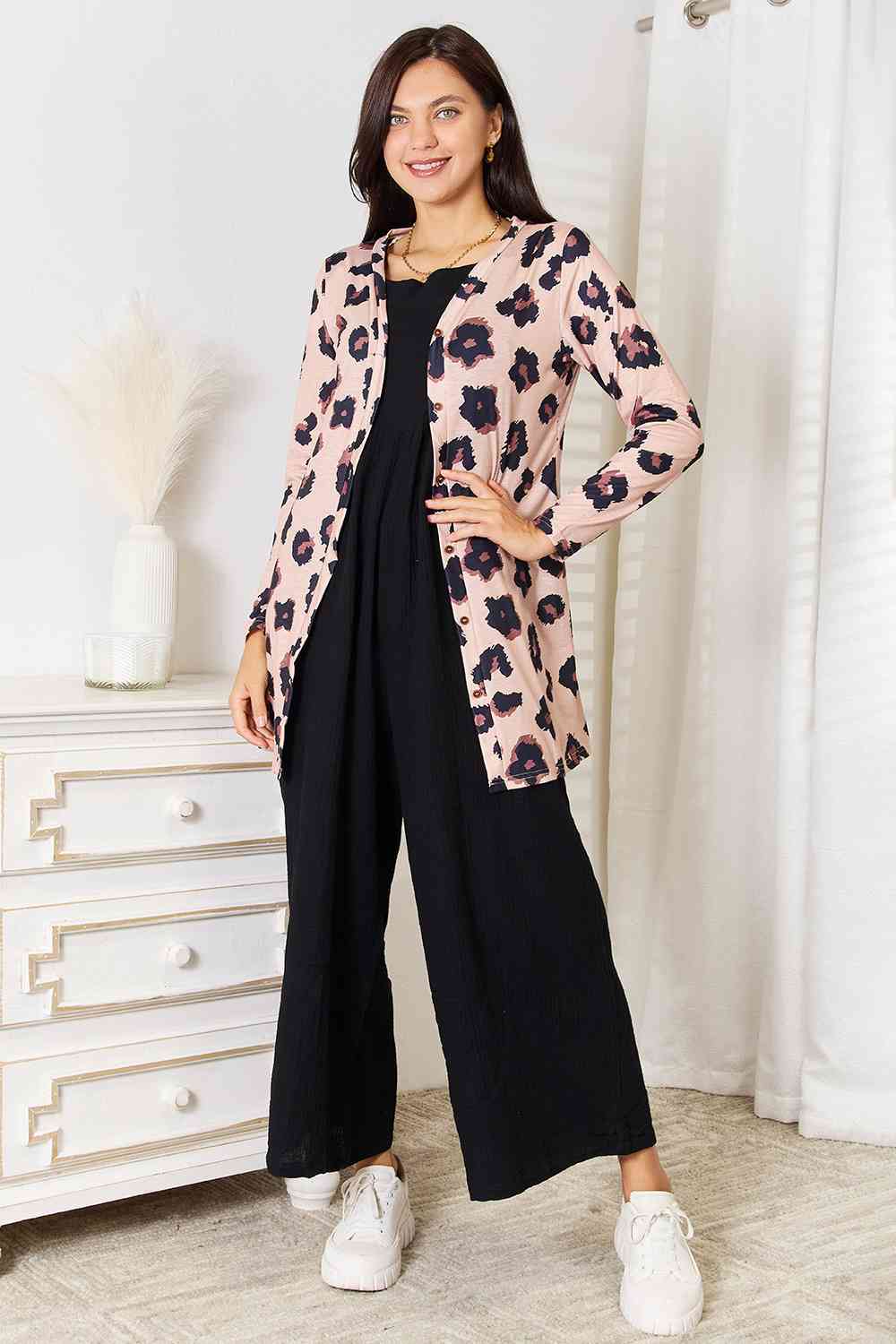 Double Take Printed Button-Front Longline Cardigan - AllIn Computer