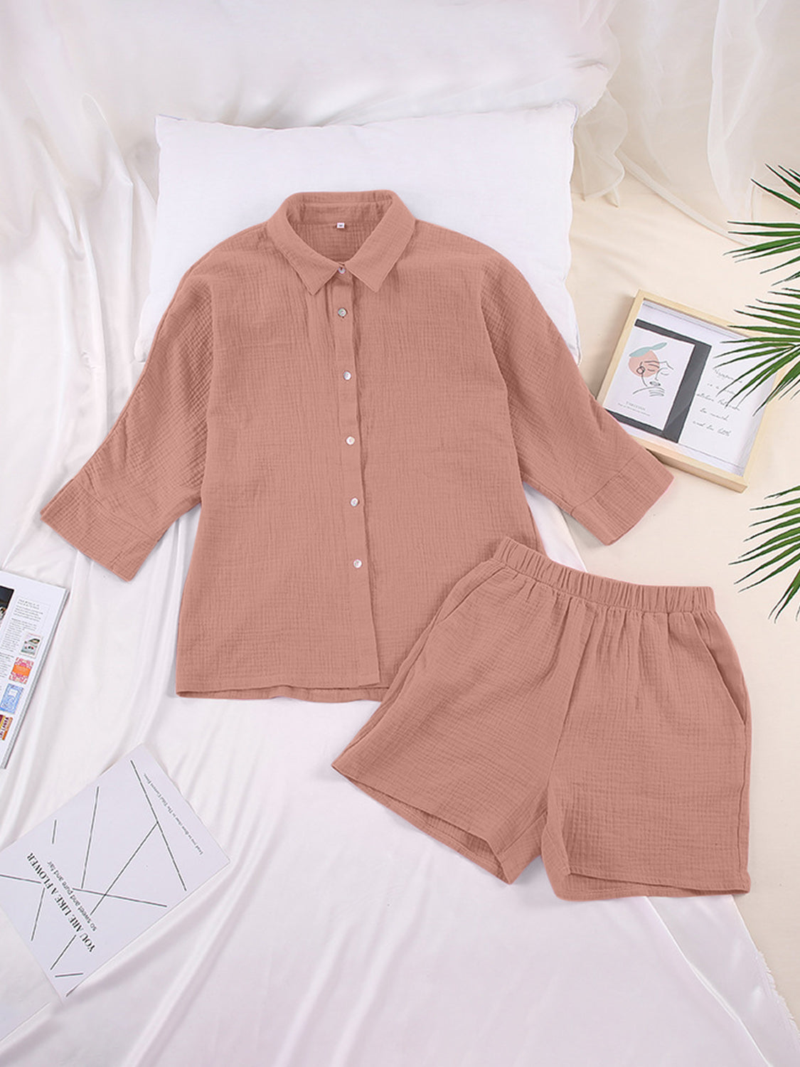 Texture Button Up Shirt and Shorts Set - AllIn Computer