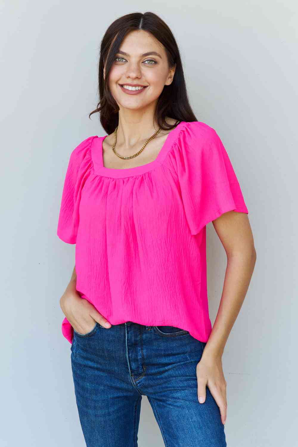 Ninexis Keep Me Close Square Neck Short Sleeve Blouse in Fuchsia - AllIn Computer