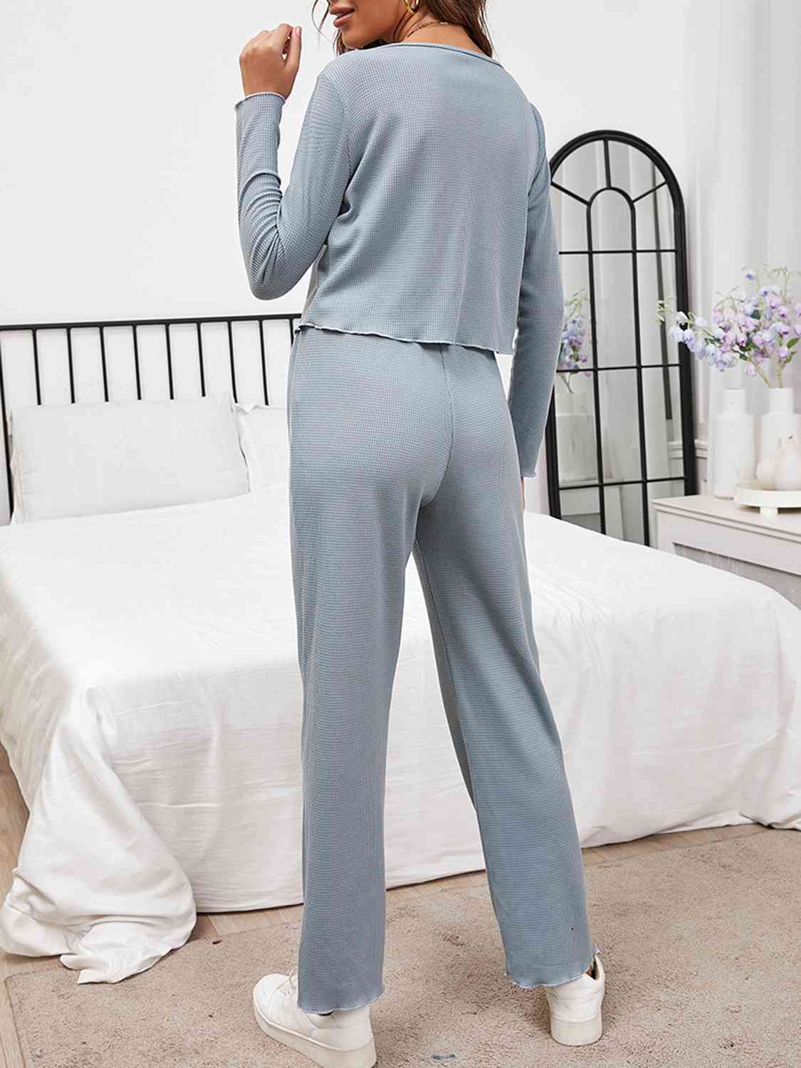 Button Front Long Sleeve Top and Pants Lounge Set - AllIn Computer