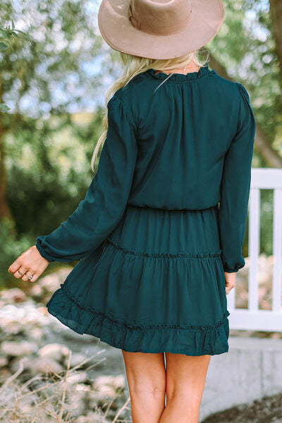 Frill Tie Neck Balloon Sleeve Dress - AllIn Computer
