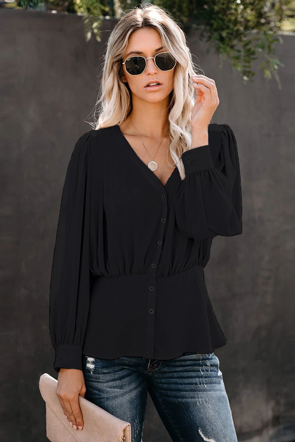 Buttoned Puff Sleeve Blouse - AllIn Computer