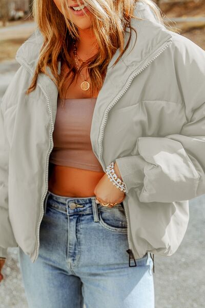 Zip Up Collared Neck Coat with Pockets - AllIn Computer