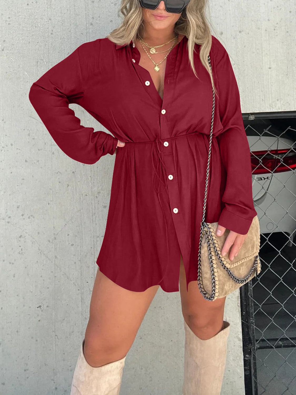 Button Up Long Sleeve Slit Shirt and Shorts Set - AllIn Computer