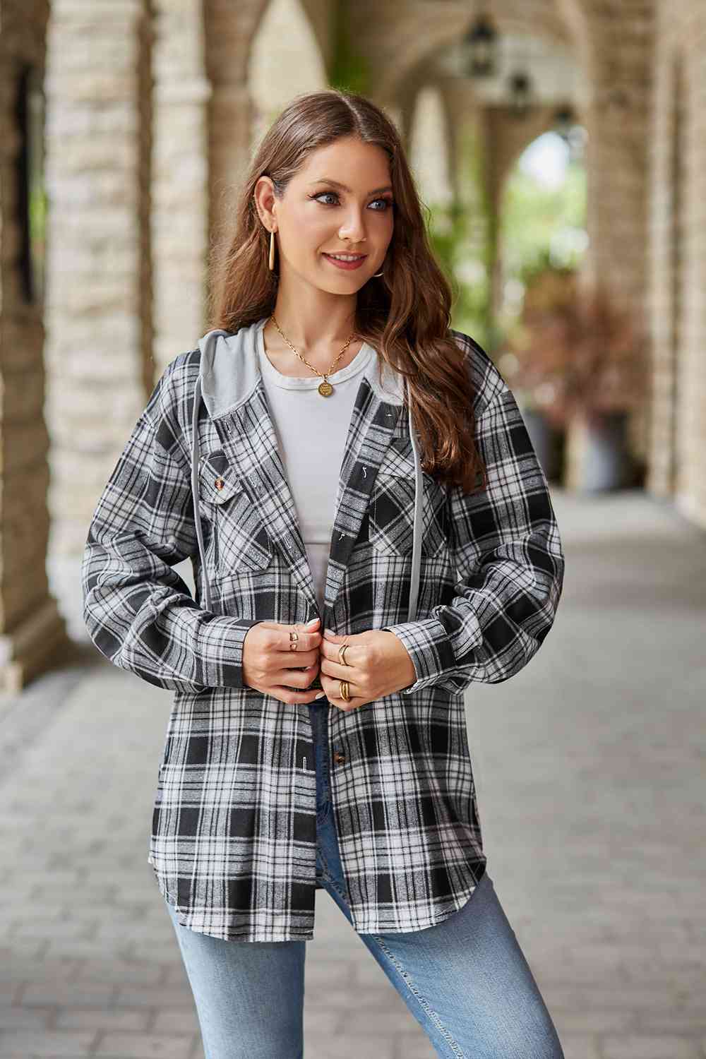 Plaid Long Sleeve Hooded Jacket - AllIn Computer