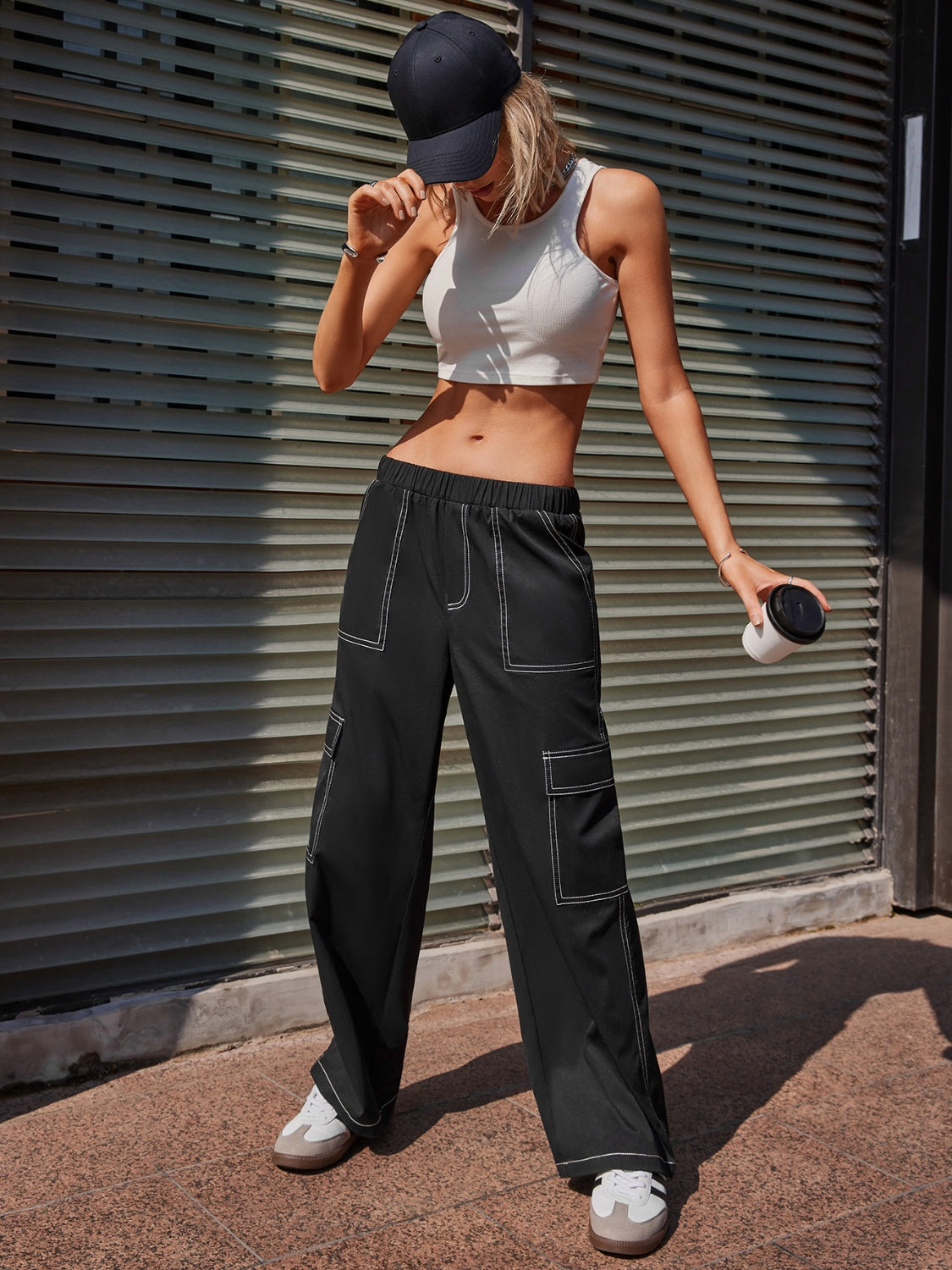 Contrast Stitching Pocketed Wide Leg Pants - AllIn Computer