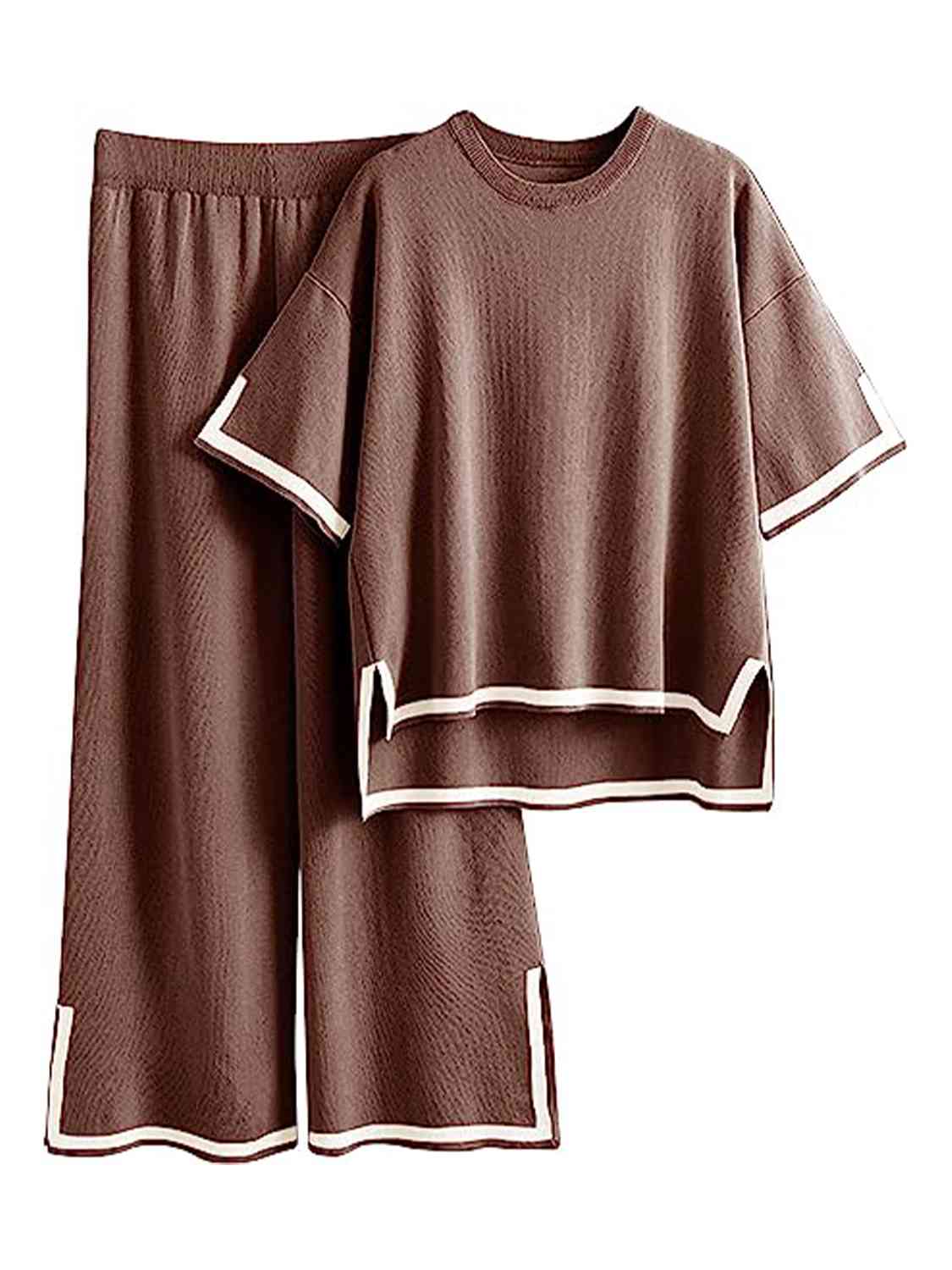 Contrast High-Low Sweater and Knit Pants Set - AllIn Computer