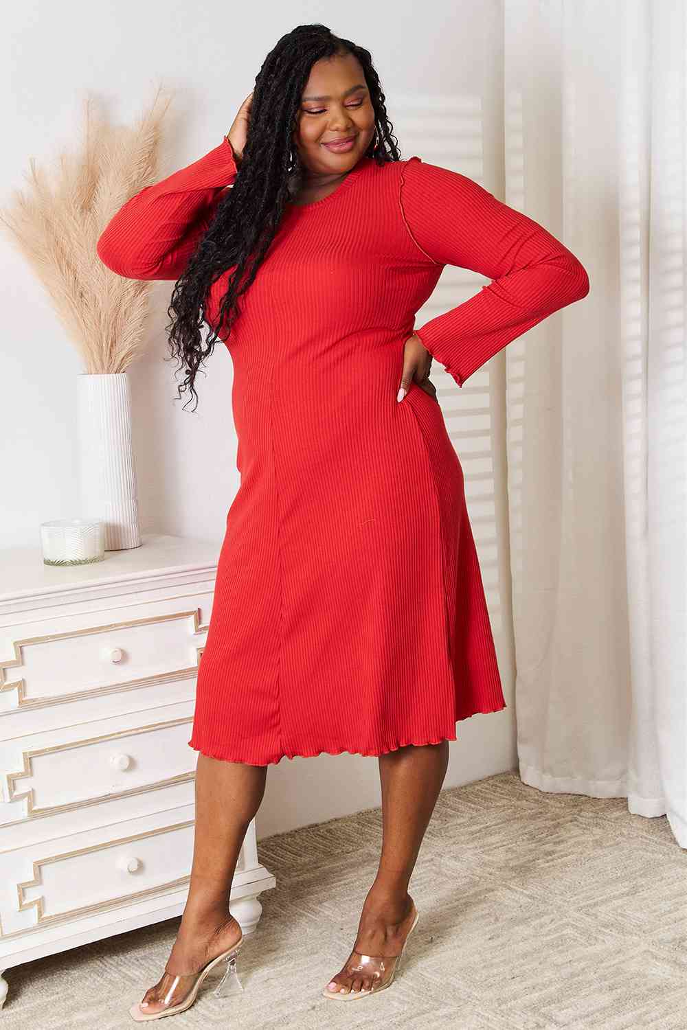 Culture Code Full Size Round Neck Long Sleeve Dress - AllIn Computer