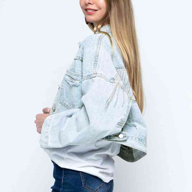 Cropped Collared Neck Dropped Shoulder Denim Jacket - AllIn Computer