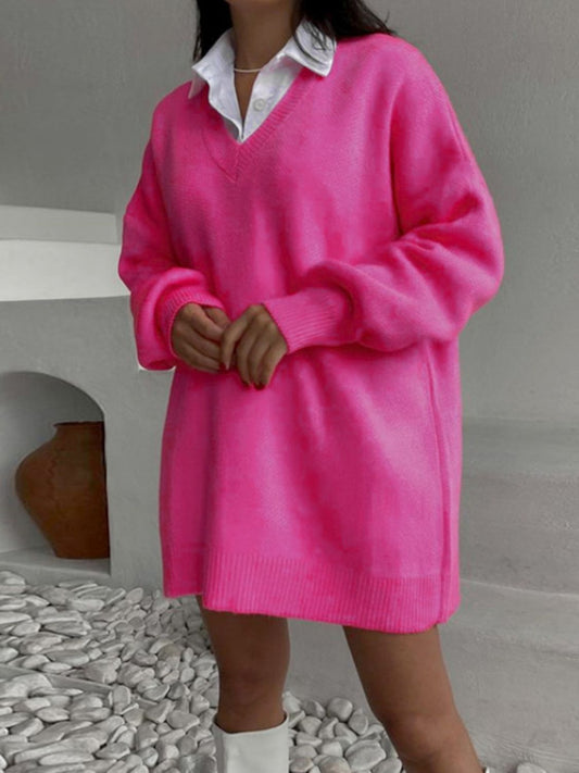 V-Neck Dropped Shoulder Sweater Dress - AllIn Computer