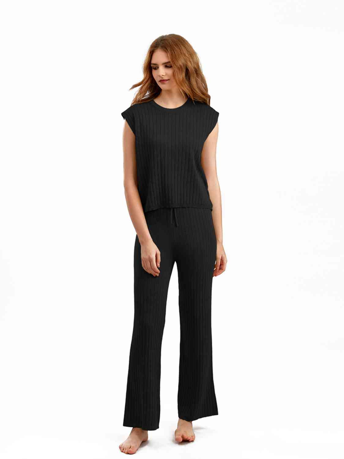 Ribbed Sweater Vest and Drawstring Knit Pants Set - AllIn Computer