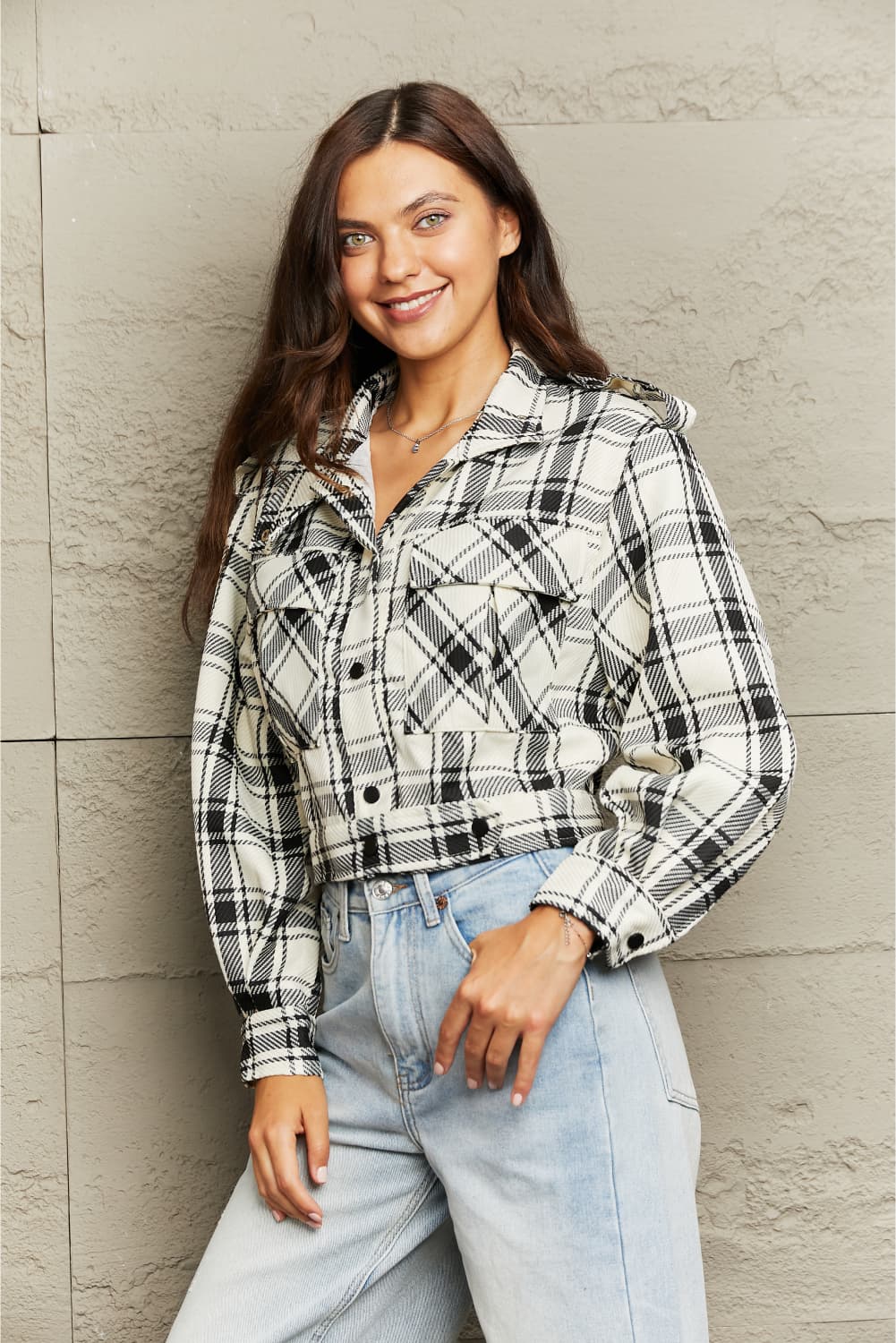 Plaid Collared Neck Long Sleeve Jacket - AllIn Computer