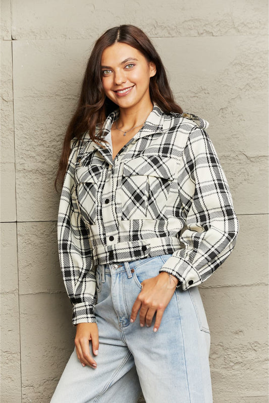 Plaid Collared Neck Long Sleeve Jacket - AllIn Computer
