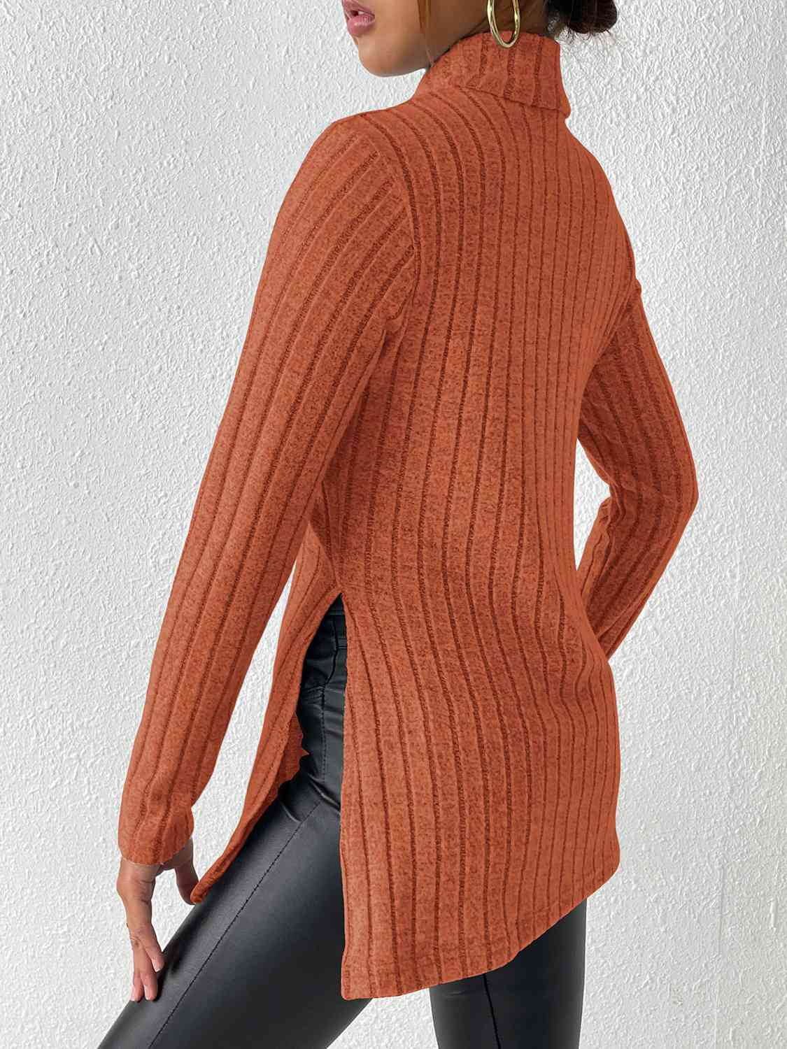Ribbed Turtleneck Long Sleeve Slit T-Shirt - AllIn Computer