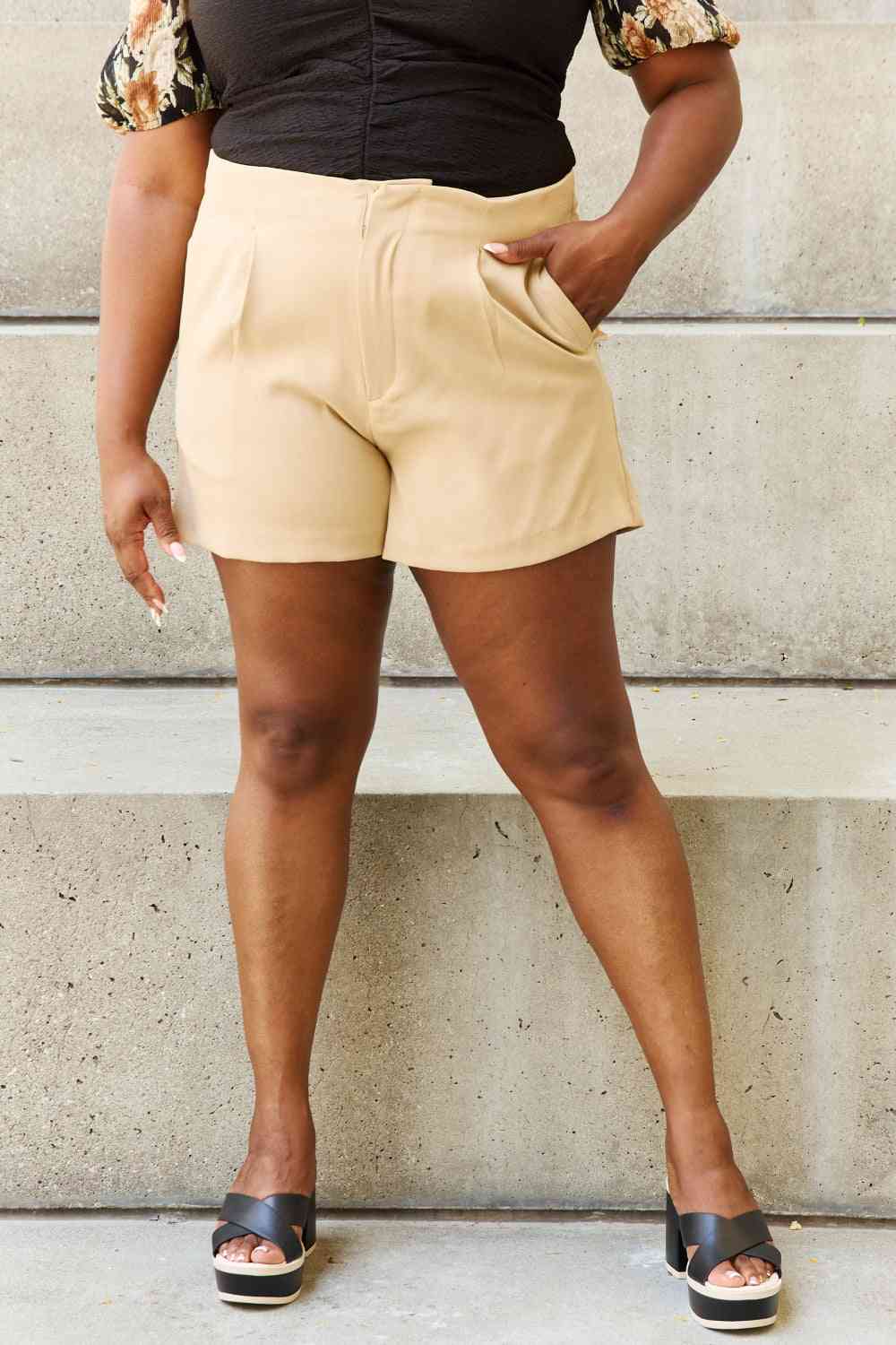And The Why Every Little Thing Full Size Pleated High Waisted Shorts in Sand - AllIn Computer