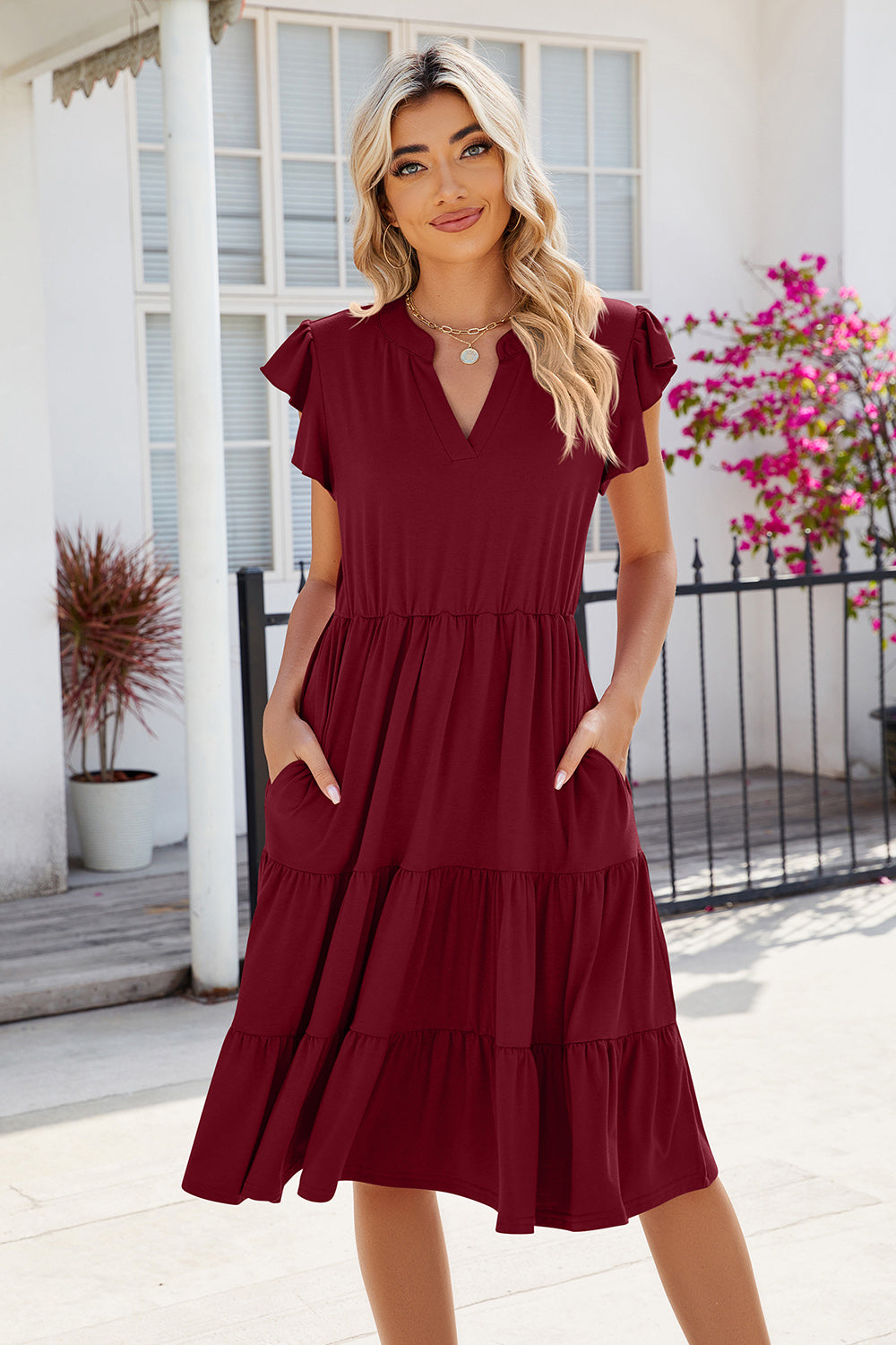 Ruched Notched Cap Sleeve Dress - AllIn Computer