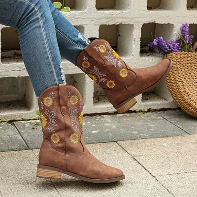 Sunflower Embroidered Block Heel Boots - AllIn Computer