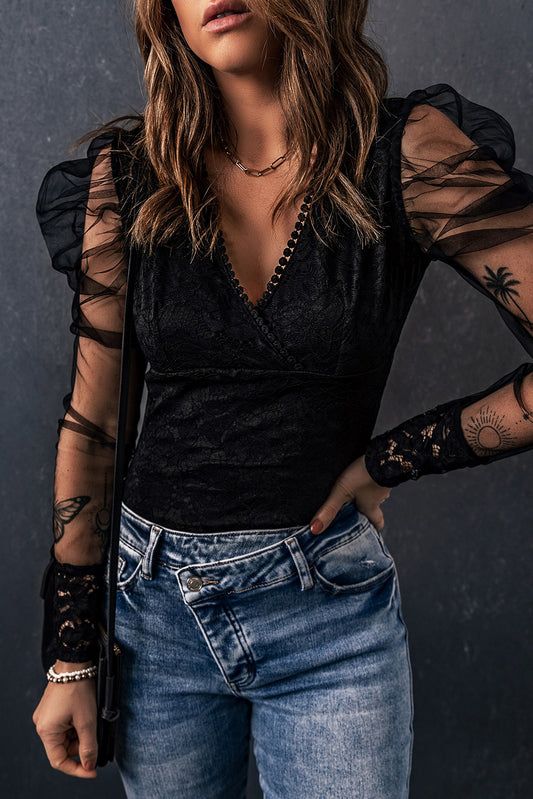 Surplice Neck Long Puff Sleeve Lace Bodysuit - AllIn Computer