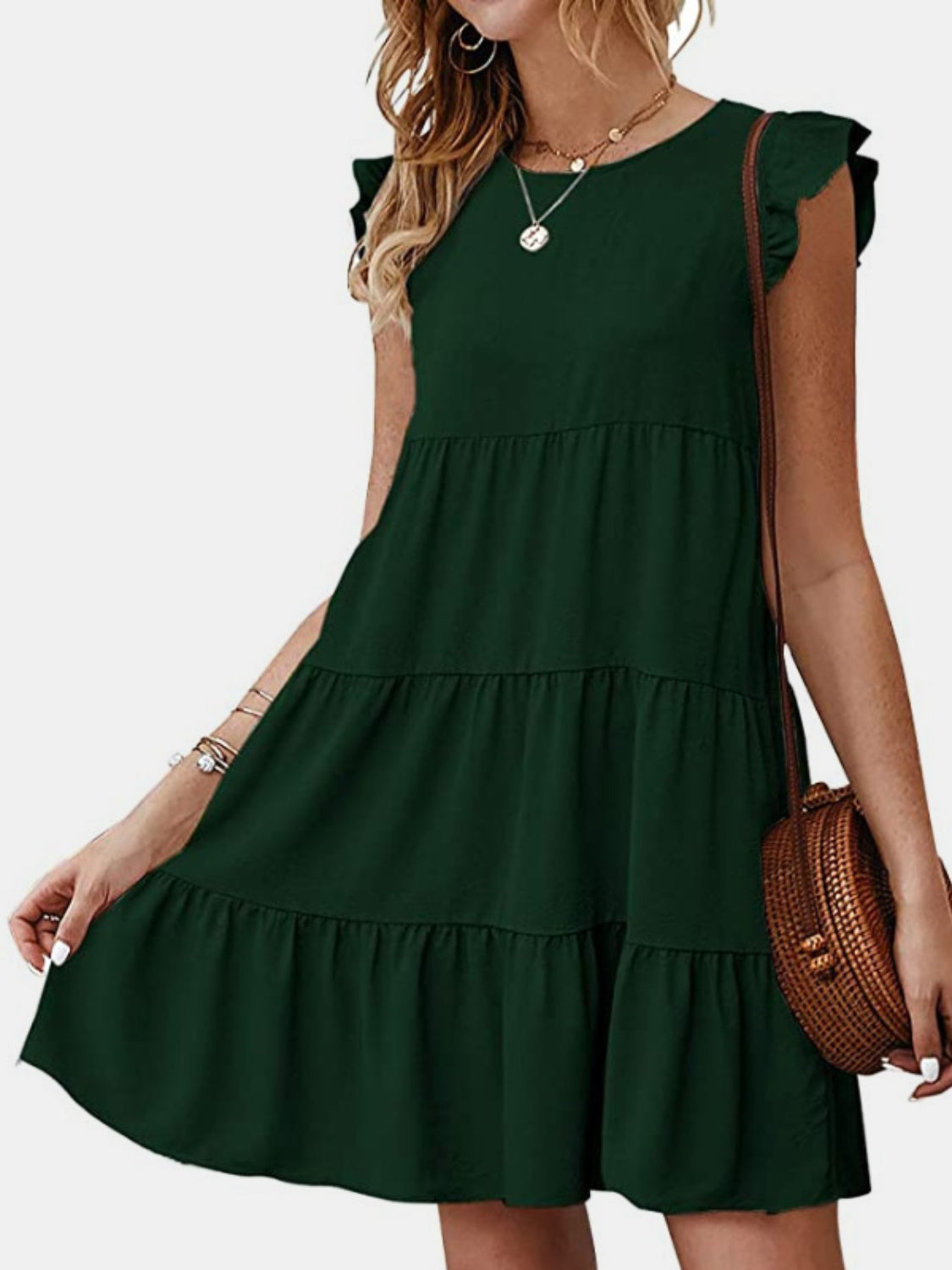 Ruffled Round Neck Cap Sleeve Mini Dress - AllIn Computer