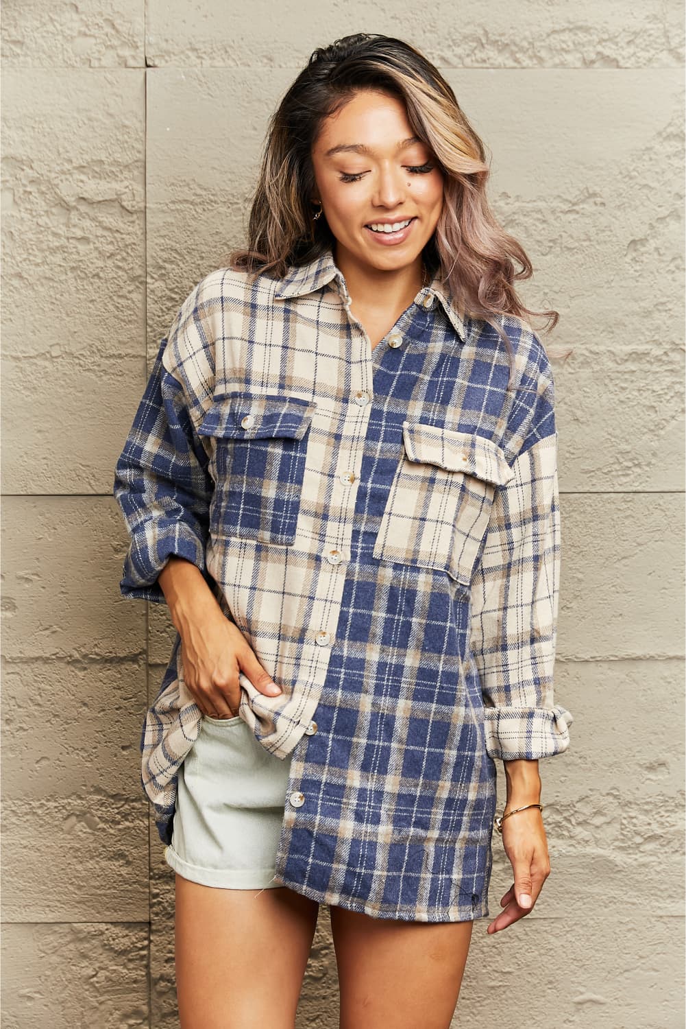 Plaid Dropped Shoulder Shirt Jacket - AllIn Computer