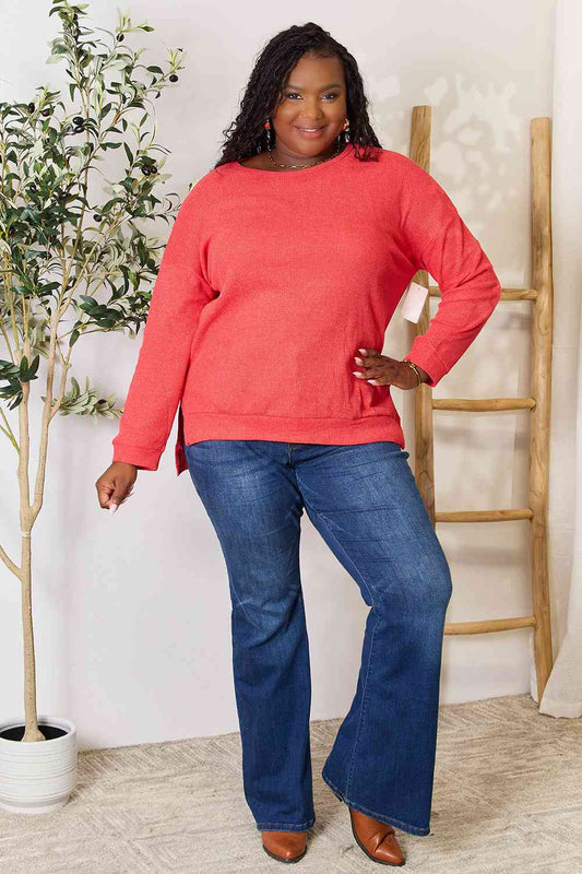 Basic Bae Round Neck Drop Shoulder Slit Sweatshirt - AllIn Computer