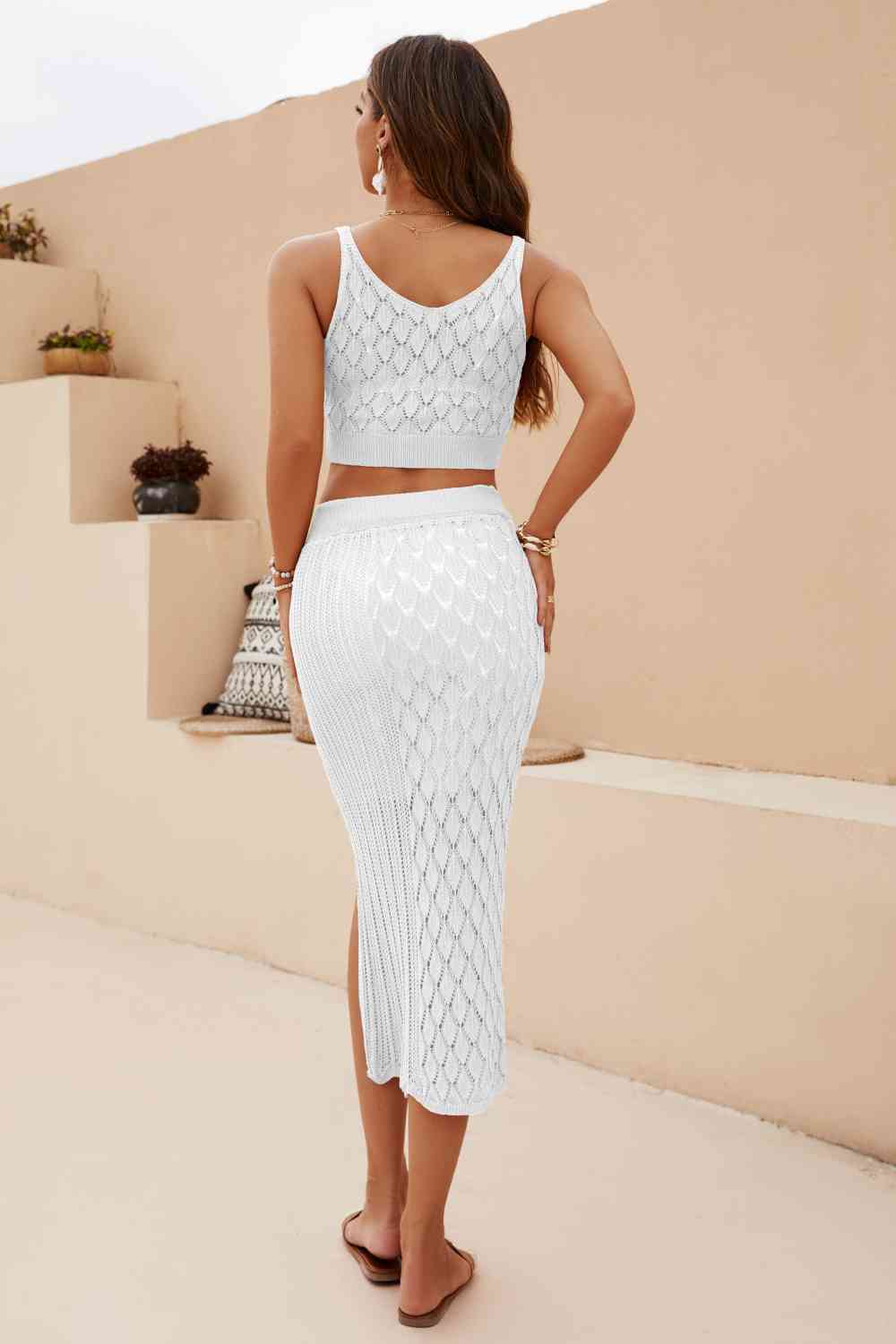 Openwork Cropped Tank and Split Skirt Set - AllIn Computer