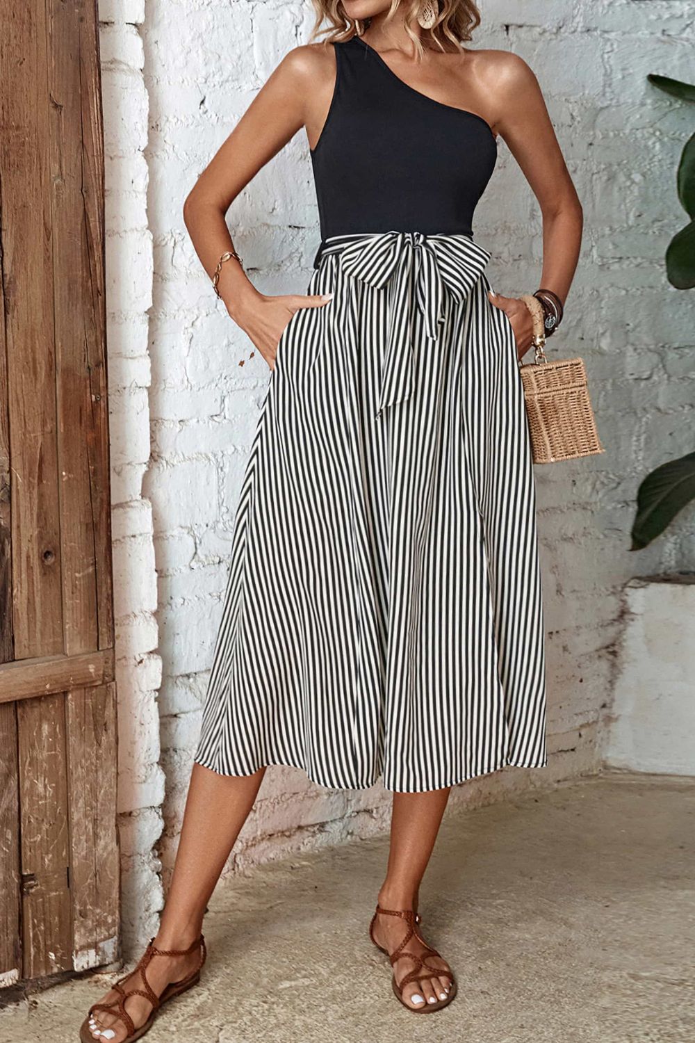 Striped One-Shoulder Slit Dress - AllIn Computer