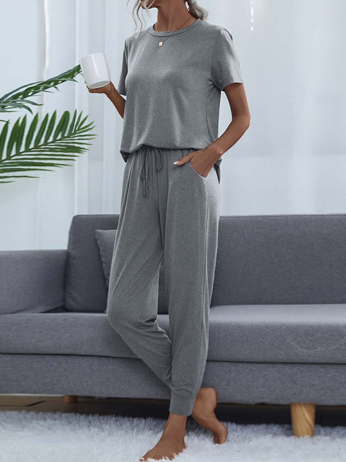 Round Neck Short Sleeve Top and Pants Set - AllIn Computer