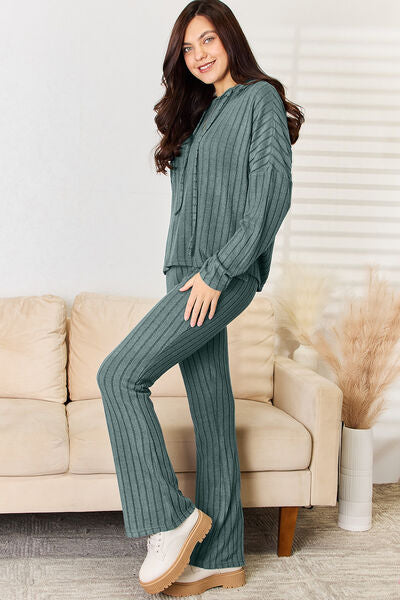 Basic Bae Full Size Ribbed Drawstring Hood Top and Straight Pants Set - AllIn Computer