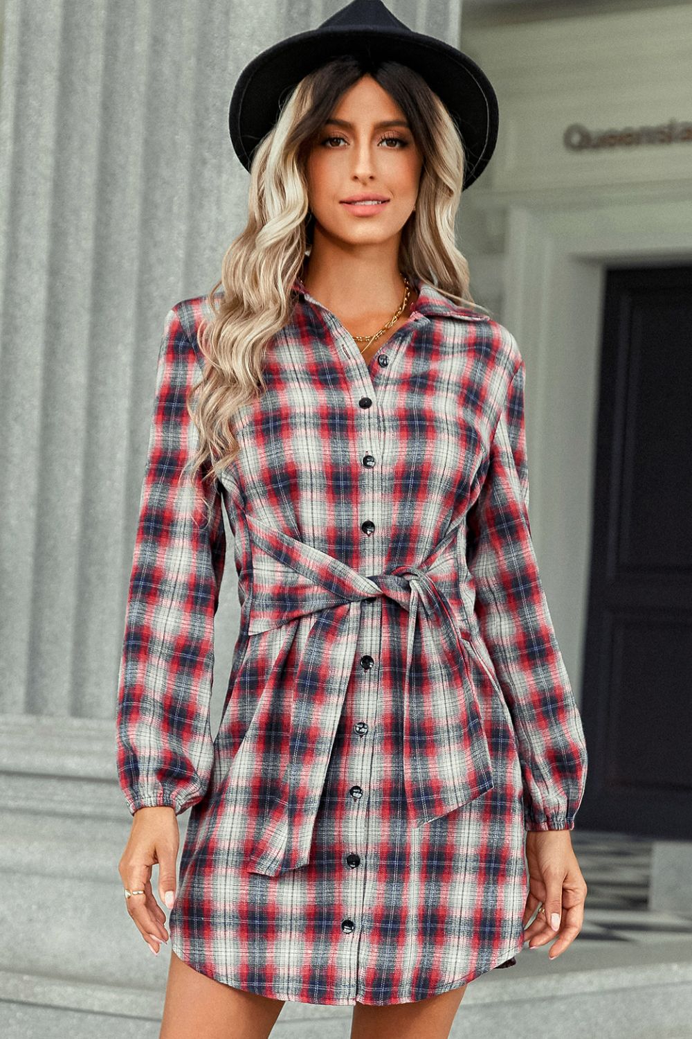 Plaid Tie Front Mini Shirt Dress - AllIn Computer