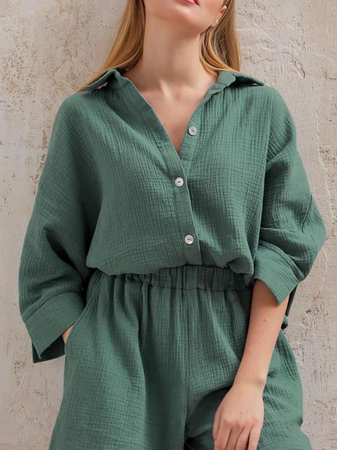 Texture Button Up Shirt and Shorts Set - AllIn Computer