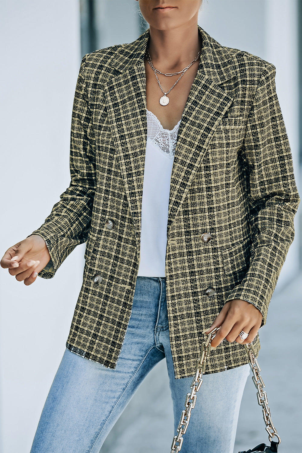 Plaid Double-Breasted Long Sleeve Blazer - AllIn Computer