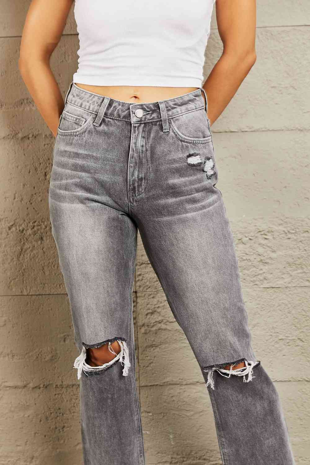 BAYEAS Stone Wash Distressed Cropped Straight Jeans - AllIn Computer