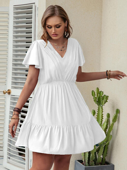 Double Take Plus Size Ruffle Hem V-Neck Short Sleeve Dress - AllIn Computer