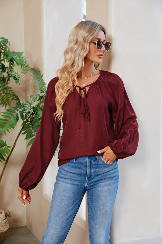 Tie Neck Balloon Sleeve Blouse - AllIn Computer