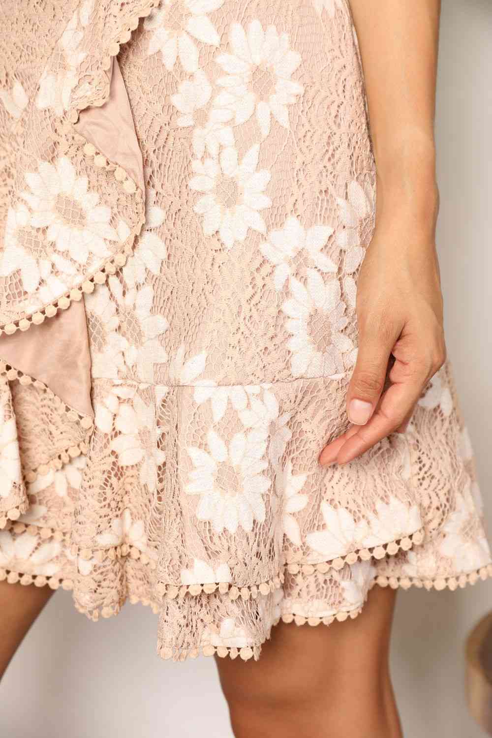 Double Take Floral Lace Pompom Detail Tie-Waist Flutter Sleeve Dress - AllIn Computer