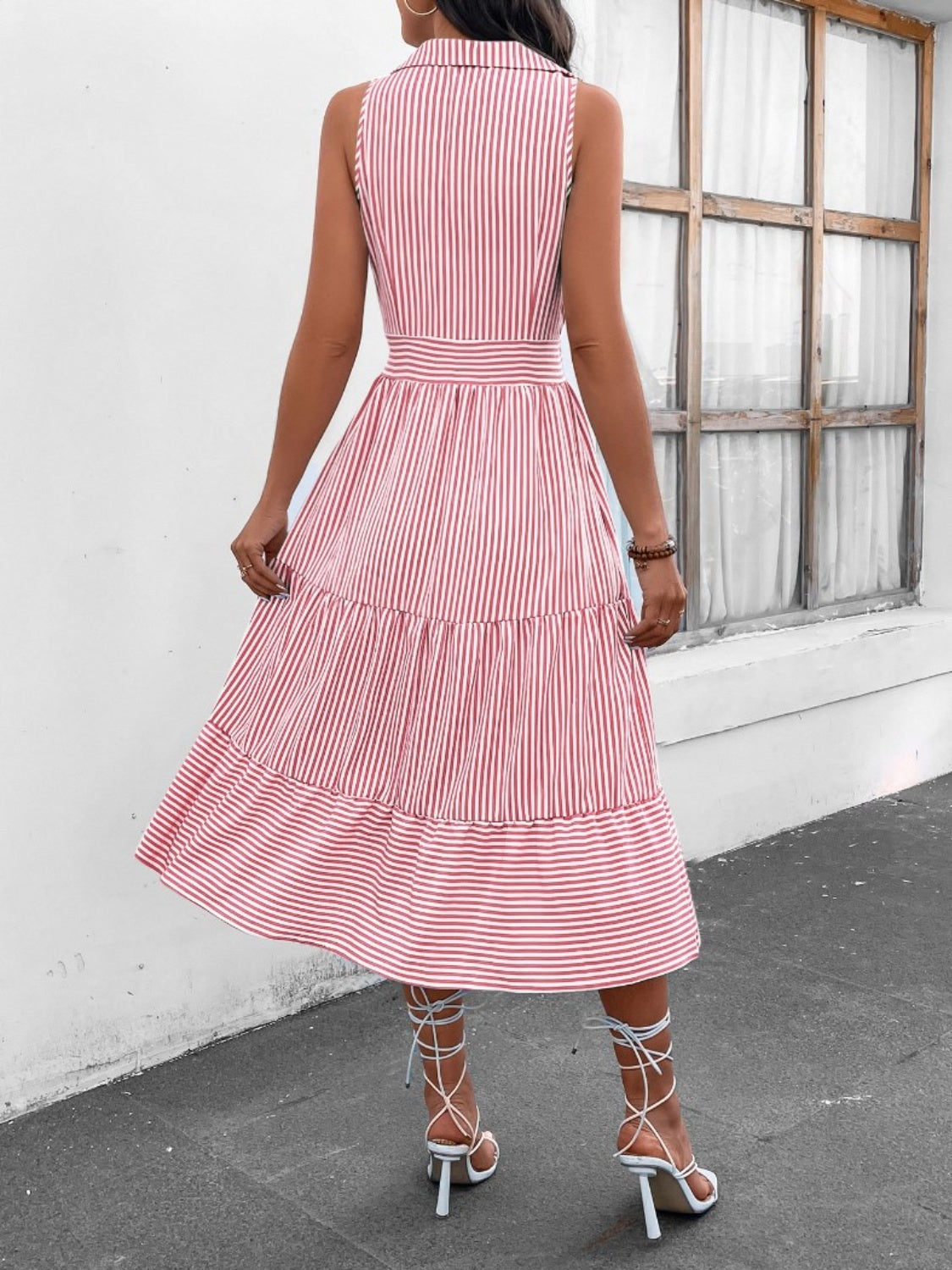 Striped Johnny Collar Sleeveless Midi Dress - AllIn Computer