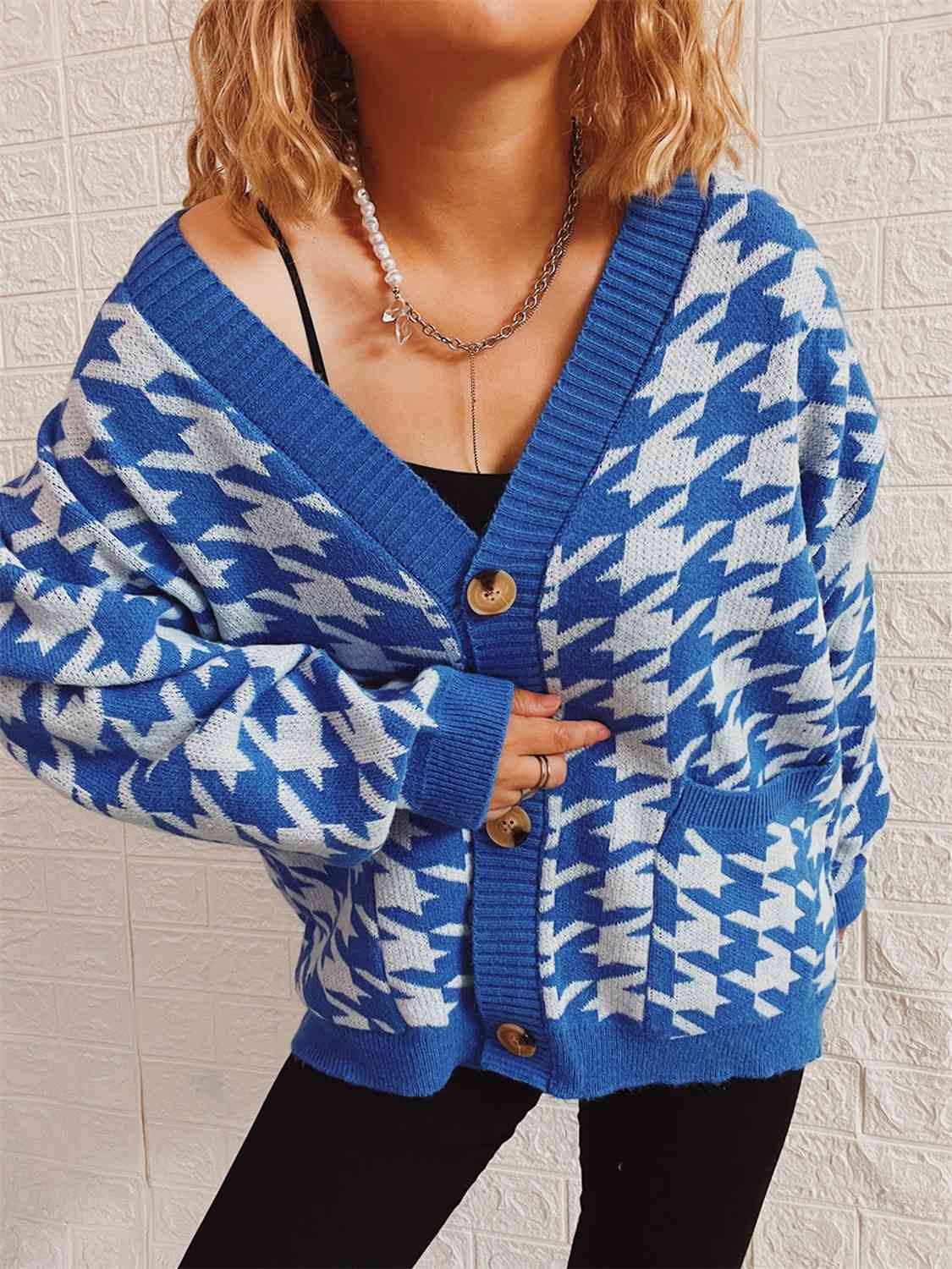 Houndstooth Botton Front  Cardigan with Pockets - AllIn Computer